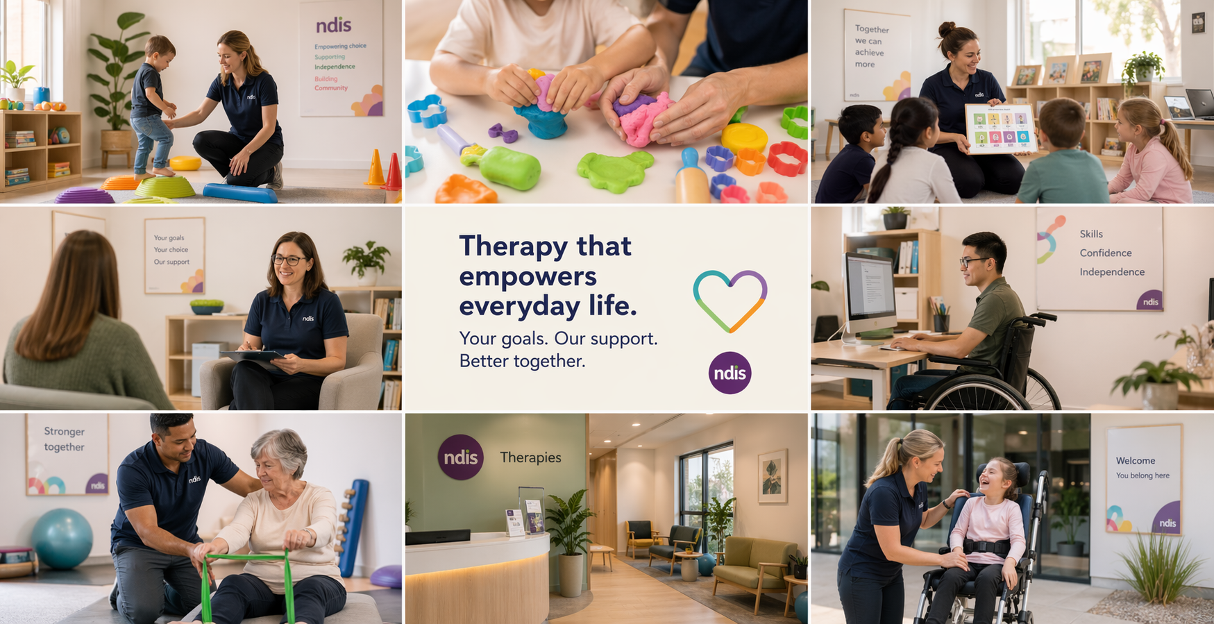 រូបបញ្ចូលគ្នា៖ អ្នកព្យាបាលពាក់ឯកសណ្ឋាន NDIS គាំទ្រកុមារ កុមារសាលា មនុស្សពេញវ័យ និងចាស់នៅផ្ទះ និងគ្លីនិកភ្លឺ មានសារអំពីព្យាបាលជួយជីវិតប្រចាំថ្ងៃ និងឡូហ្គូ NDIS។